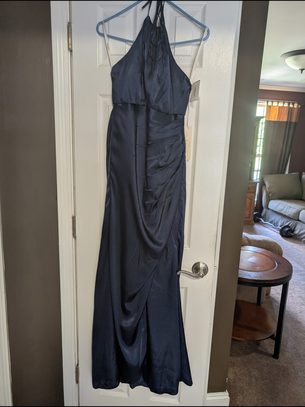 Signature Navy Halter Satin Evening Gown